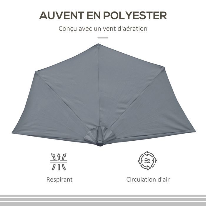 Ombrellone a mezzo collo - Outsunny - apertura e chiusura a manovella - Metallo, poliestere 180 g/m² - 269x138x236cm - grigio