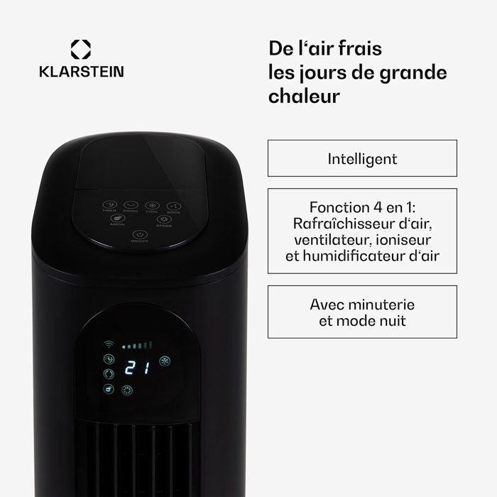 Enfriador de aire inteligente Klarstein Polar Tower - Ventilador 4 en 1 - 3306 m³/h - 7 l - Negro