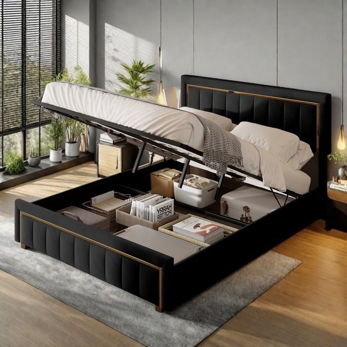 Lit coffre 160 x 200cm, Lit adulte, lit capitonné, avec tête de lit, tissu en velours, cadre de lit, avec levier hydraulique, Noir