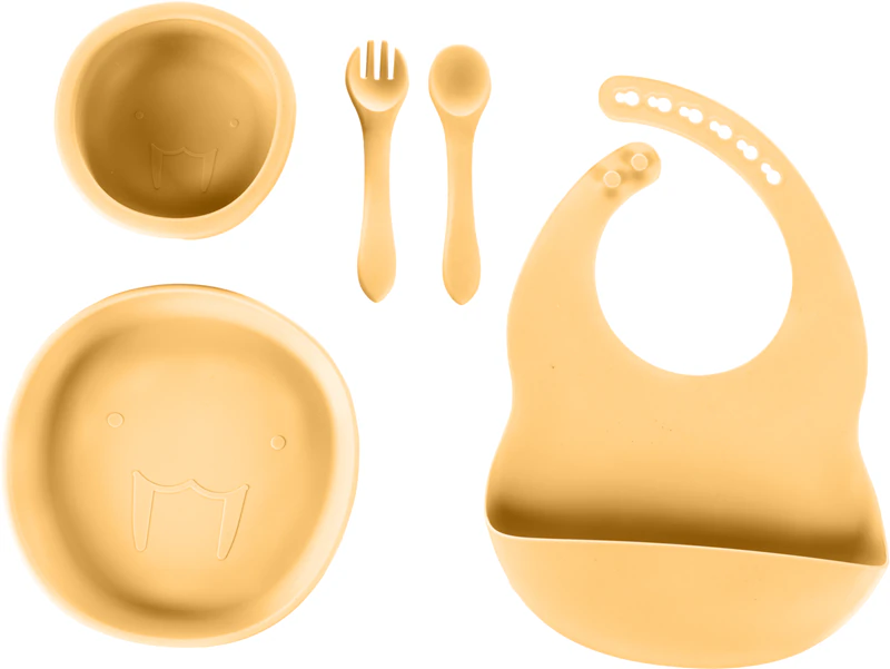 Conjunto de talheres infantis Zopa em silicone, amarelo mostarda.
