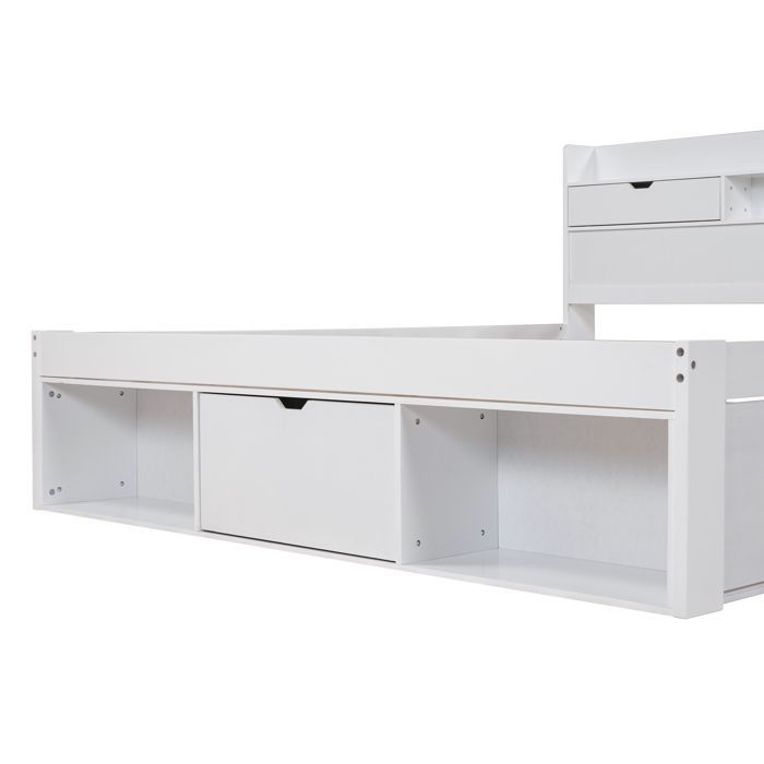 Multifunctioneel grenenhouten bed voor volwassenen (180x200 cm) met USB- en Type-C-poorten, lades en opbergplanken.