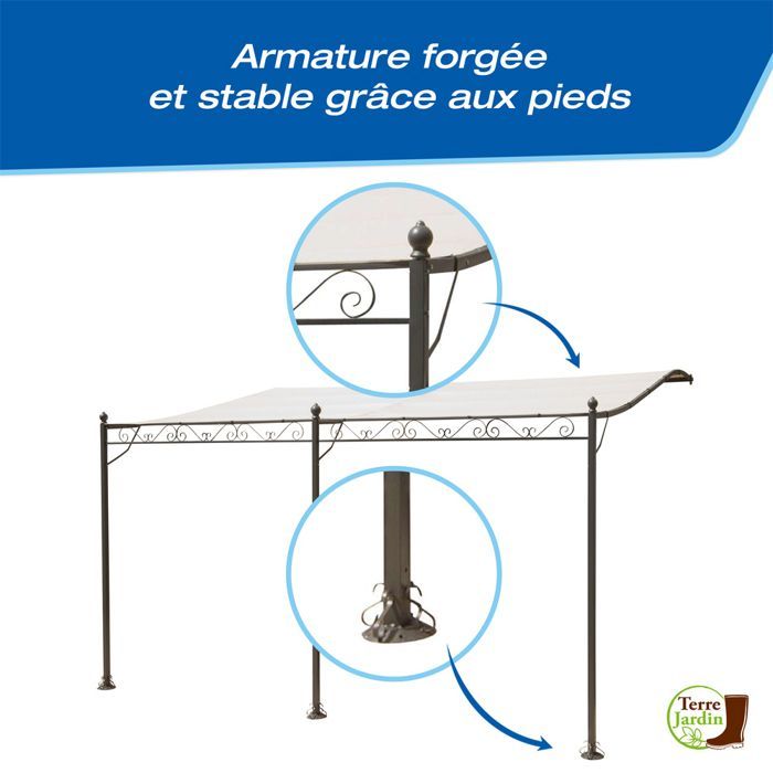 Pérgola de encosto - TERRE JARDIN - 4 x 3 m - Lona de poliéster - Estrutura de ferro forjado - Bege