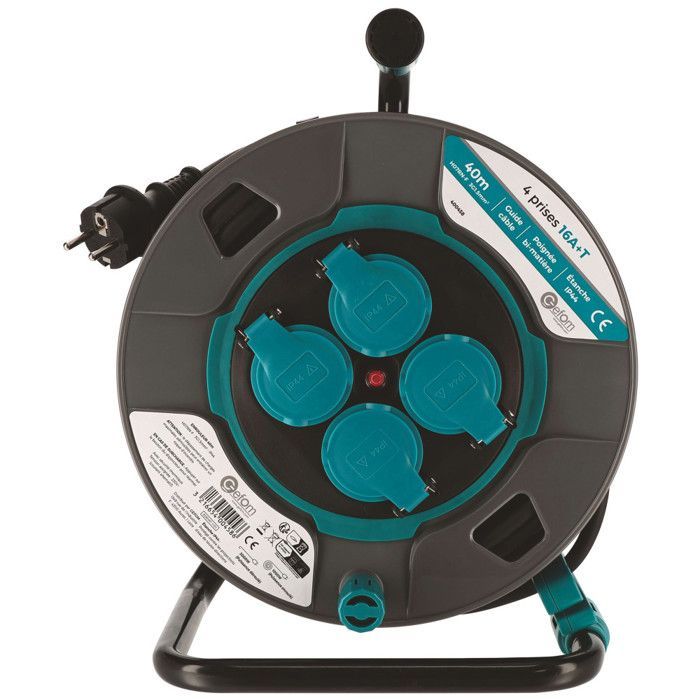 Avvolgicavo da cantiere da 40 metri - Guida cavo - 4 prese con coperchio - Sezione cavo 3G1.5mm² - IP44 - Maniglia