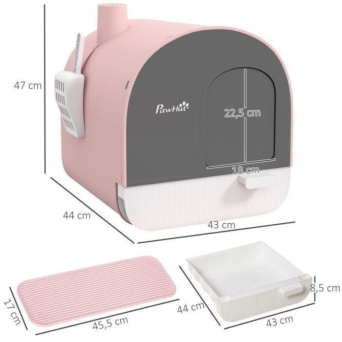 Bac à litière pour chat PawHut maison de toilette avec porte battante, pelle et filtre inclus dim. 43L x 44l x 47H cm - rose
