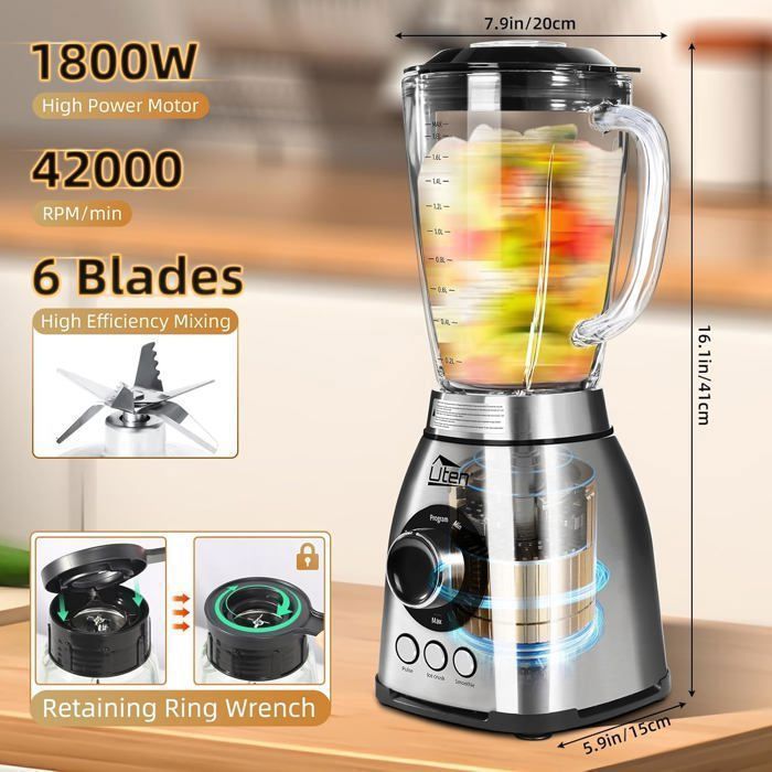 Uten 2L Smoothie Blender - 1800W Multifunctional Smoothie Blender - 18 Speeds - 6 Stainless Steel Blades
