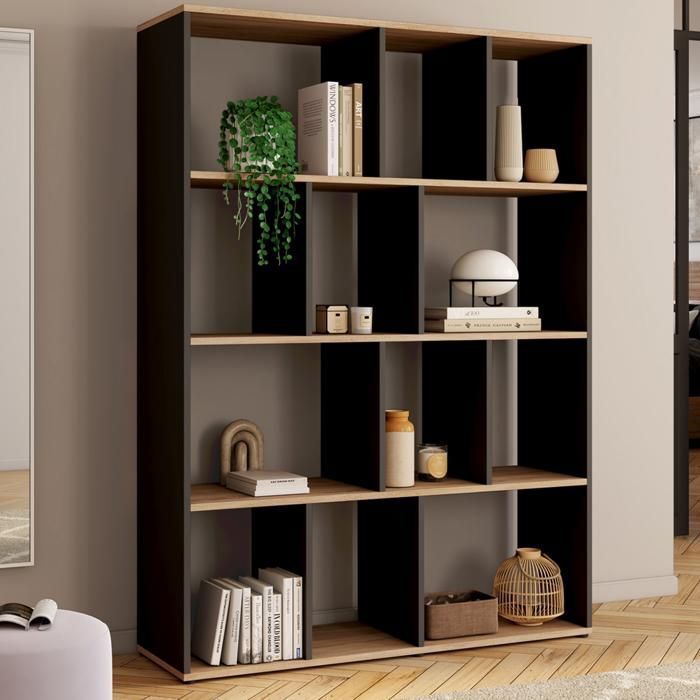IDMARKET JENA 4-Tier Bookshelf, Black and Wood Effect, 143 cm