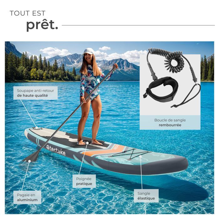 Planche de stand-up - TECTAKE - Paddle 2 en 1 gonflable kit complet en Drop-Stitch, 3 ailerons - turquoise orange