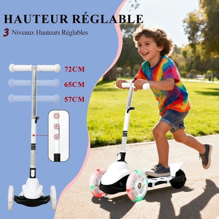 Klappbarer Roller mit 3 LED-Leuchträdern für Kinder von 2 bis 5 Jahren, 3-fach höhenverstellbarem Lenker, Weiß