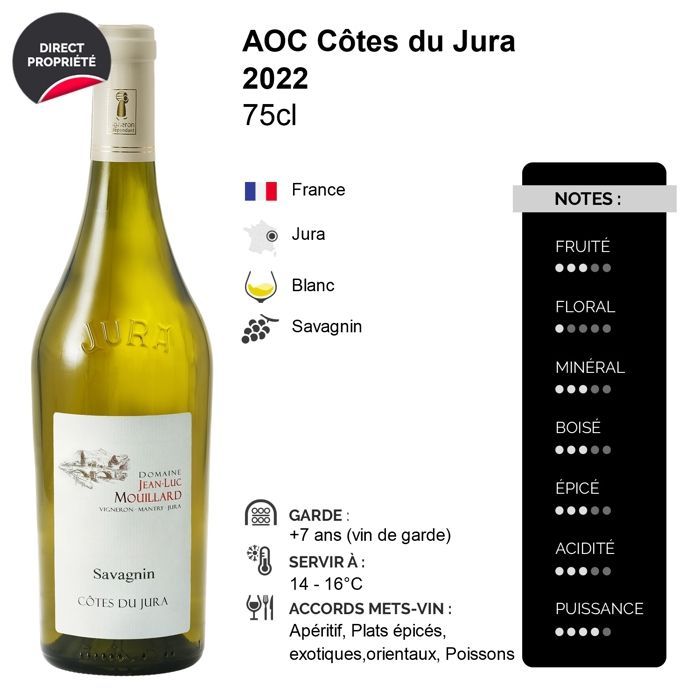 Domaine Jean-Luc Mouillard Côtes du Jura Savagnin 2022 - Vino bianco del Giura (3x75cl)