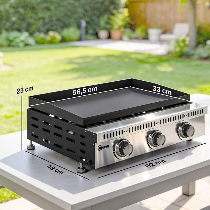 Plancha gaz - Outsunny - 3 brûleurs en acier inoxydable 9kW - surface cuisson 56,5 x 33 cm - noir