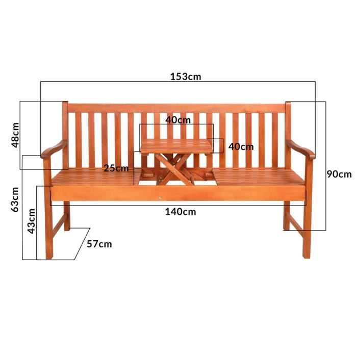 Banco de jardín de madera de eucalipto para 3 personas con tablero retráctil certificado FSC®.