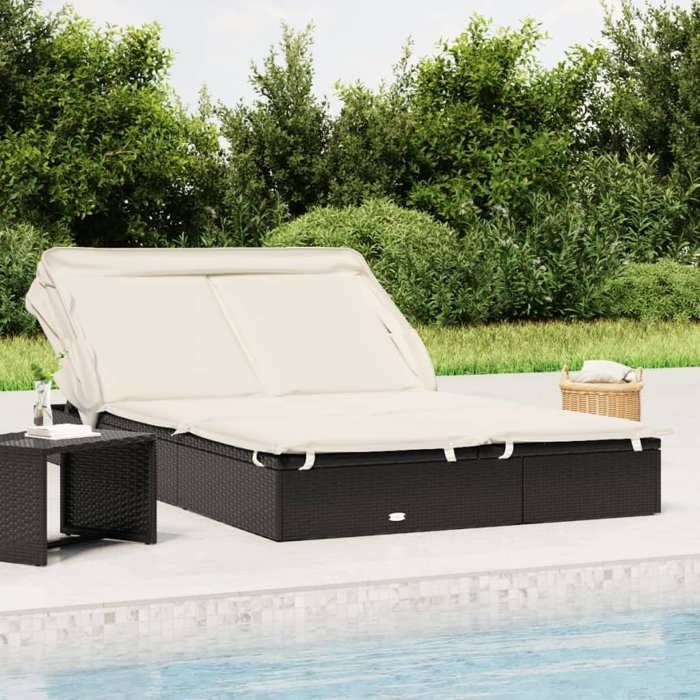 vidaXL Transat 2 places avec toit pliable noir 213x118x97 cm, chaise longue, chaise longue d'extérieur, lit de salon, lit de 319650