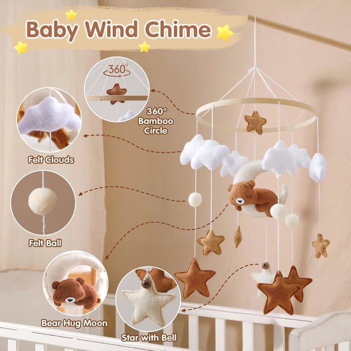 Mobile lit bébé en bois avec ours, étoiles, nuages, lune et cloches, cadeau naissance, couleur marron .