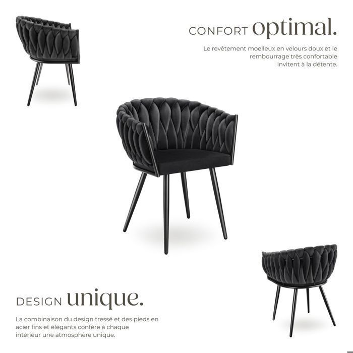 Sillas - TECTAKE - Juego de 2 sillones de comedor ASTANO en terciopelo de diseño con patas de acero delgadas - Negro