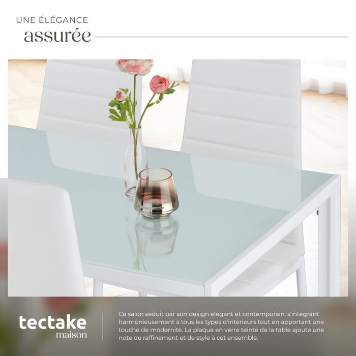 Mesa de comedor con sillas - TECTAKE - BERLIN. Conjunto de comedor con 4 sillas tapizadas en piel sintética - Blanco.