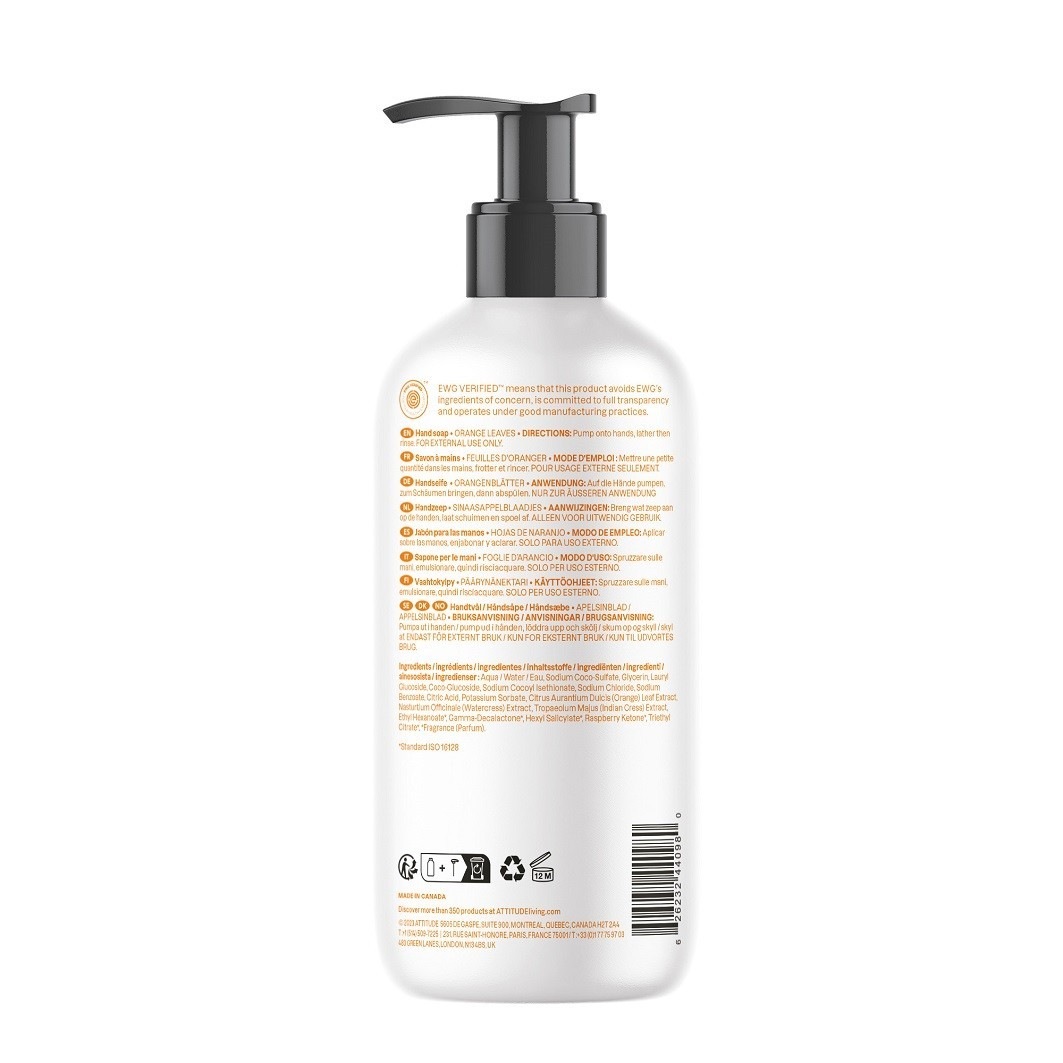 Sapone liquido per le mani Attitude Super Leaves Science - Sapone liquido naturale per le mani - Foglie d'arancia - 473 ml