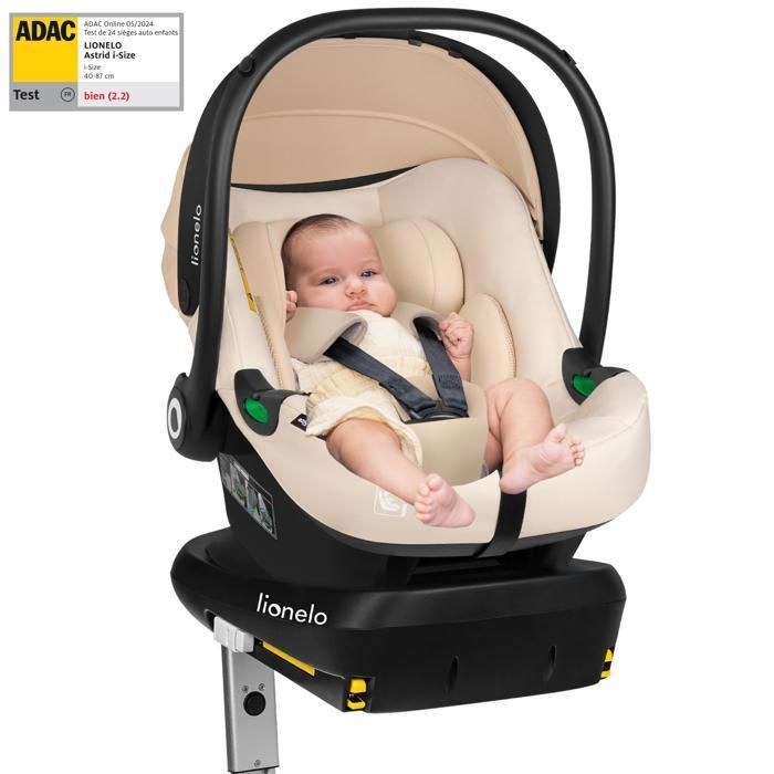 Seggiolino auto LIONELO Astrid i-Size (40-87 cm) con base ISOFIX - ADAC - Porta-neonati - Leggero - Beige