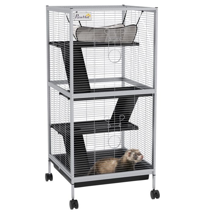 Gabbia portatile a 4 livelli per piccoli animali PawHut, ideale per cincillà, con ruote, 2 porte, 3 rampe, amaca e vassoio rimovibile.
