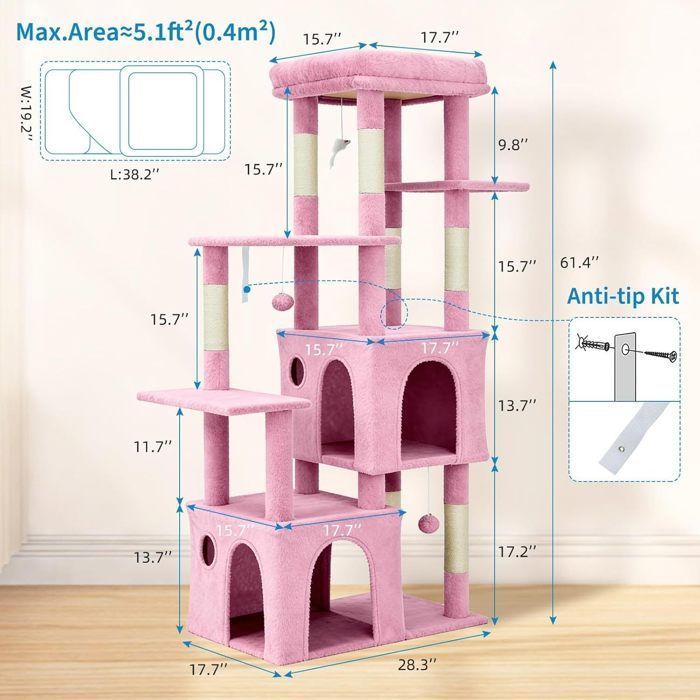 Arbre à Chat Griffoir-TOYS S-45× 72 × 156CM-Tour d'escalade Stable à Plusieurs Niveaux, Arbres d'activité-ROSE