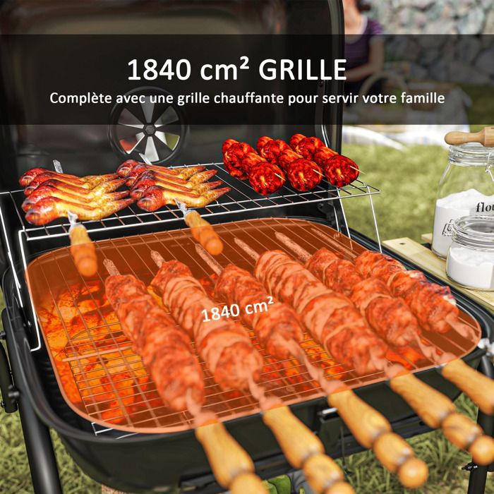 Barbacoa de carbón Outsunny - Superficie de cocción de 1840 cm² - Con parrilla, tapa, estantes y ruedas - Negra