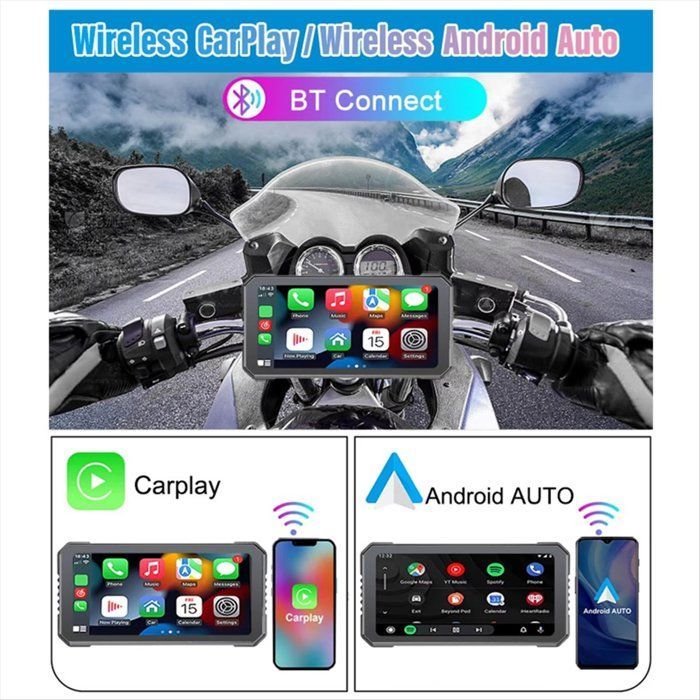 DVR para motocicleta de 6,25 pulgadas, inalámbrico, compatible con CarPlay y Android Auto, monitor de navegación GPS, Bluetooth, pantalla táctil y resistente al agua.