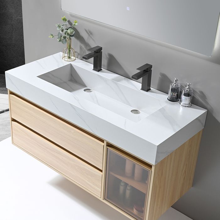 Mueble de baño LuxuryBain de 120 cm con doble lavabo, acabado en madera y efecto mármol blanco, con espejo LED (LB-8512).