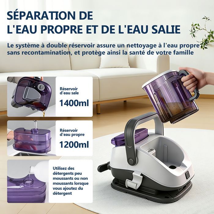 Nettoyeur Vapeur Détacheur 800W - Réservoir 1,2L/1,4L - Tuyau 2M / Cordon 5M - Nettoyeur Canapé Tissu, Blanc