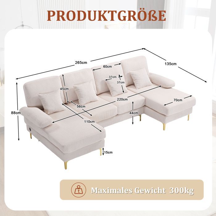 Sofá cama esquinero panorámico en forma de U, de 4 plazas con iluminación LED, 4 cojines, estructura de madera maciza - Pana beige