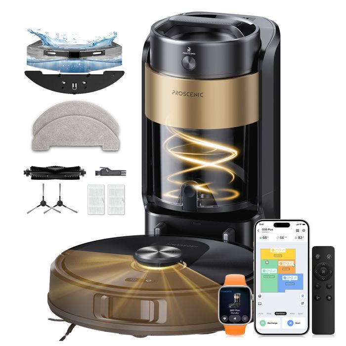 Proscenic Q20 Plus - Aspirateur Robot  Laveur 12000 Pa - Station Eco-Cyclone™ Sans Sac 4 L - 200 min - Idéal Poils d'Animaux & Tapis