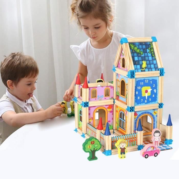 Jeu de Construction en Bois - 128 Pièces - Puzzle éducatif - Assemblé Maison