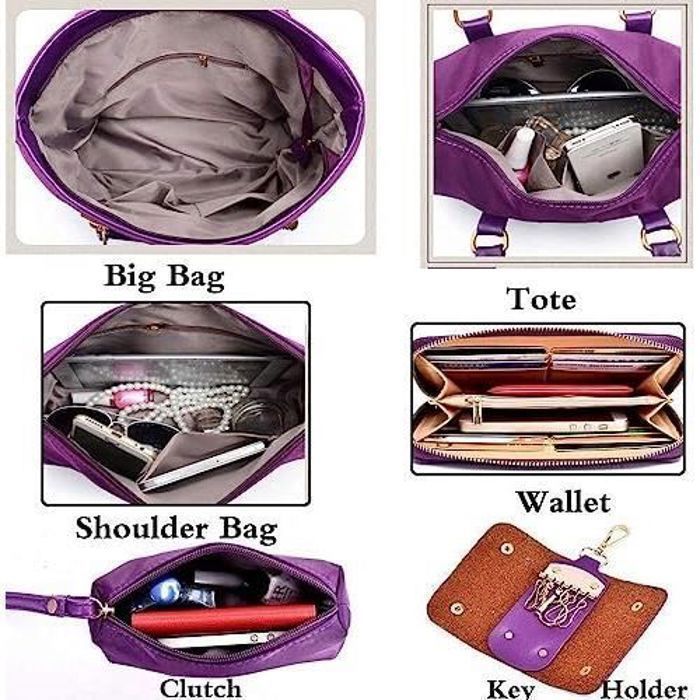 Femmes Mode 6Pcs Bag Set PU Cuir Sac Portés Main + Fourre-Tout + Sac à Bandoulière + Portefeuille Violet