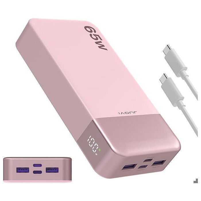 JUOVI 65W 20 000mAh varavirtalähde, ulkoinen laturi kahdella USB-C- ja kahdella USB-A-portilla, LED-näyttö, iPhone-yhteensopiva, vaaleanpunainen