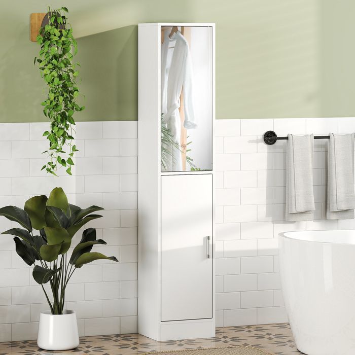 Badezimmerschrank (Säule) – Kleankin – 6 Ablagen – Spiegeltür, verstellbare Einlegeböden – Spanplatte – 32 x 28 x 162 cm – weiß