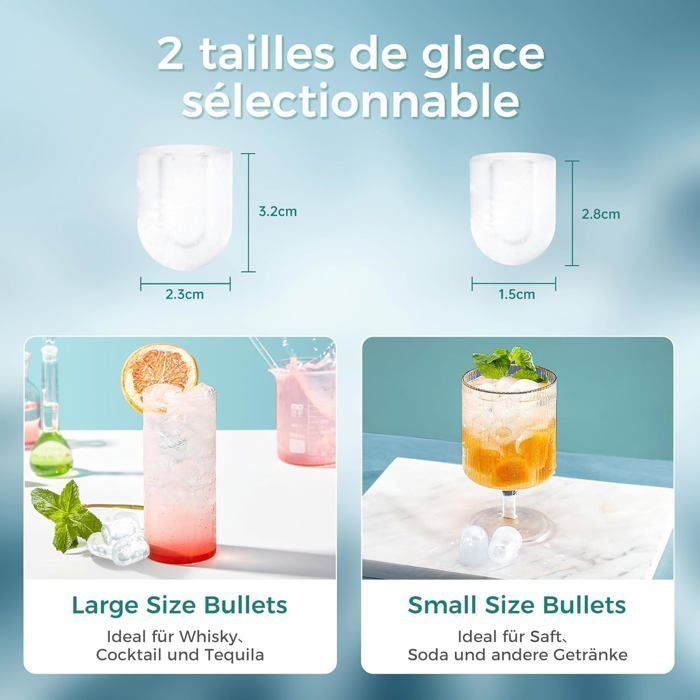 Machine à glaçons - QEXREED -1.5L - 16kg max/24h - Autonettoyante - 2 tailles - 9 cubes/6min - Avec panier et pelle