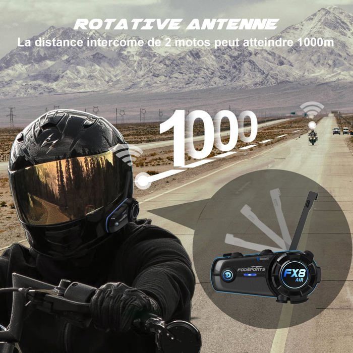 FX8 Air Motorcycle Intercom Duo for 2 Helmets, Motorcycle Hands-Free Kit, 1000M Bluetooth Communication System for Motorcycles