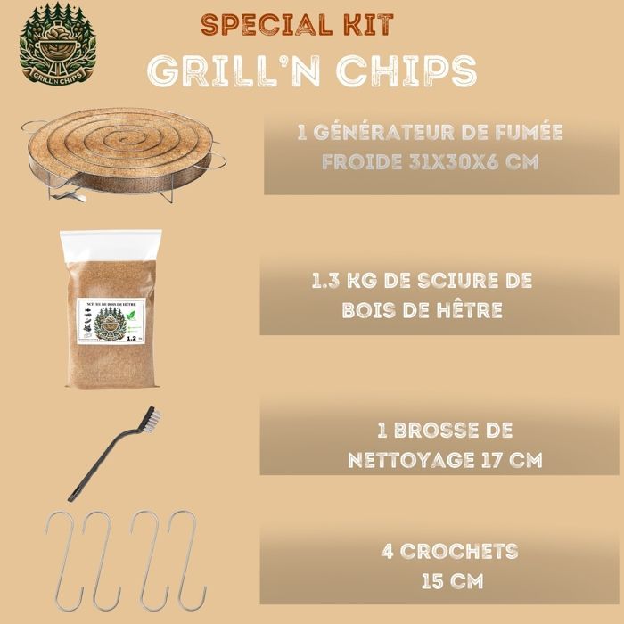 Gerador de fumaça fria de 30 cm para defumador + 1,2 kg de serragem de faia, 4 ganchos e escova.