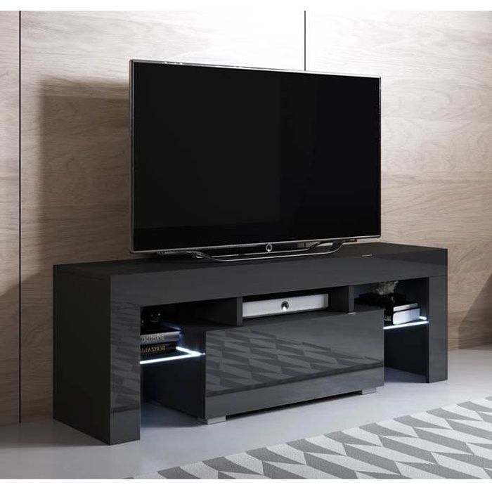 Mueble para TV de salón con iluminación LED | Negro brillante | 1 puerta con 3 compartimentos | 130 x 45 x 35 cm | Modelo Elio