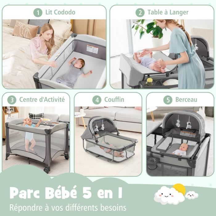 DREAMADE 5-in-1 opvouwbaar reisbedje voor baby's met aankleedtafel, matras, afneembare reiswieg, wielen met remmen, 0-3 jaar, grijs