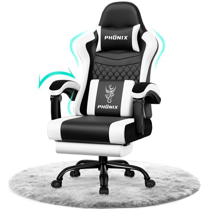 Sedia da gaming, sedia da gaming ergonomica, braccioli regolabili, poggiatesta, poggiapiedi, schienale, nero/bianco, fino a 150 kg, leggera