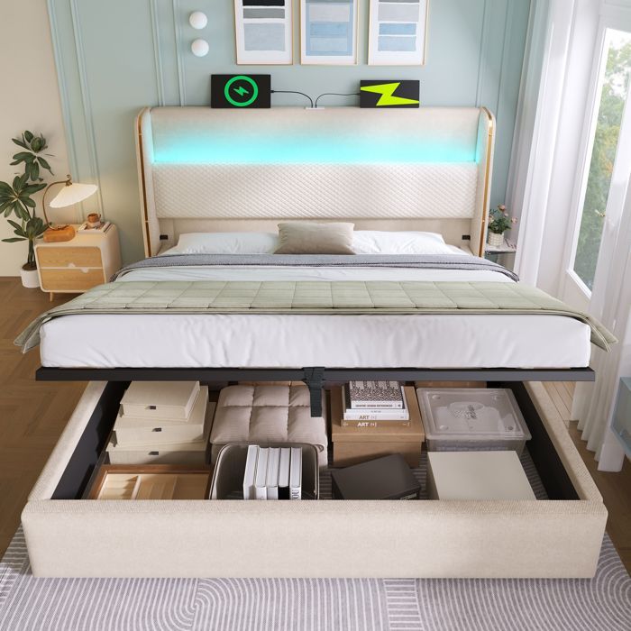 Letto matrimoniale imbottito 160 x 200 cm con illuminazione a LED. Letto contenitore con vani portaoggetti e porte USB e Type-C. Effetto lino, beige.