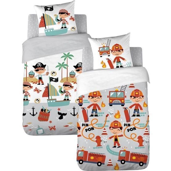 Reversible Children's Bedding Set - Firefighter and Pirate Design - Duvet Cover 140x200cm + 1 Pillowcase 63x53cm - 100% Organic Cotton*