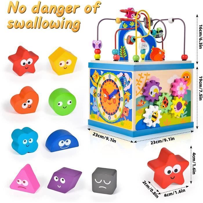 Wooden Activity Toy - AMOUNE - 6-in-1 Activity Cube - Shape Sorter - Clock - Alphabet