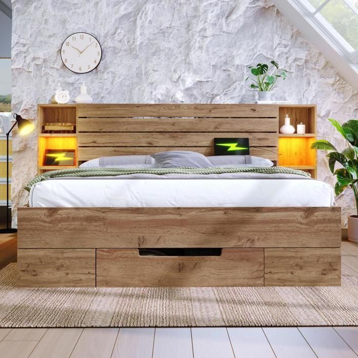 Conjunto de cama de carvalho 180x200 cm com iluminação LED, porta USB-C e gavetas de arrumação.