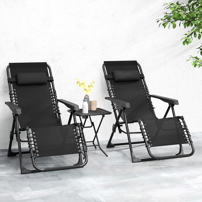Lot de 2 chaise longue pliable et inclinable avec table d'appoint - Outsunny - porte-gobelets et appuie-têtes - charge 120 kg - noir