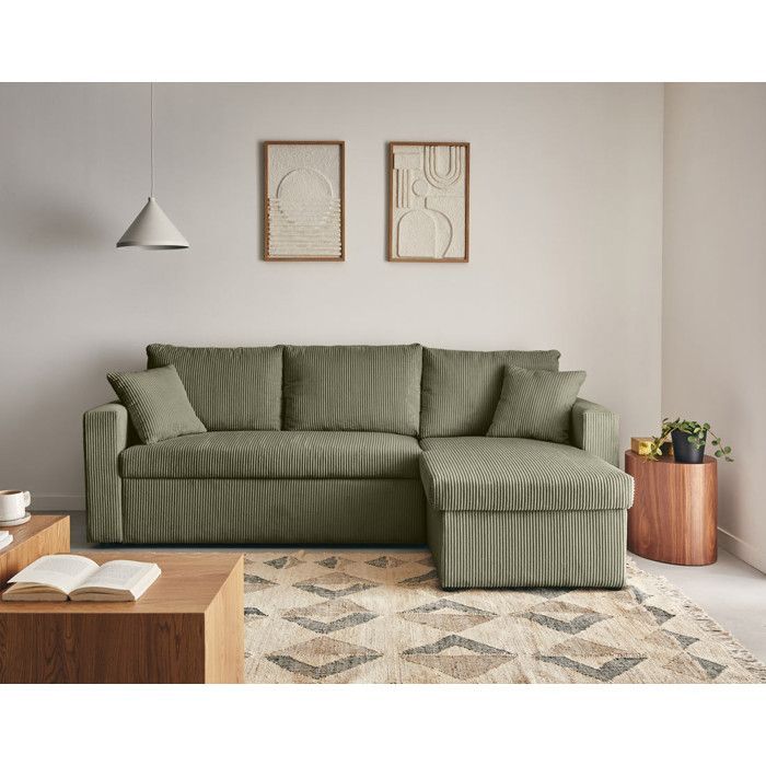 Cyrus - Sofá cama esquinero reversible de 4 plazas con almacenamiento - en pana - Verde