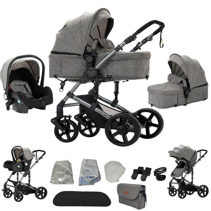 MagicZC Poussette combinée ,poussette trio 3 en 1,pour 0-3 ans,convertible Nacelle,3 en 1,Position Allongée,siege auto,Gris