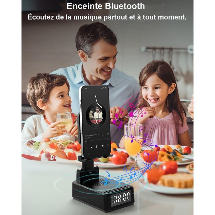 Altavoz Bluetooth 5 en 1: despertador, cargador inalámbrico, soporte plegable, carga de 1500 mA y 15 W. Idea de regalo de cumpleaños para hombres.