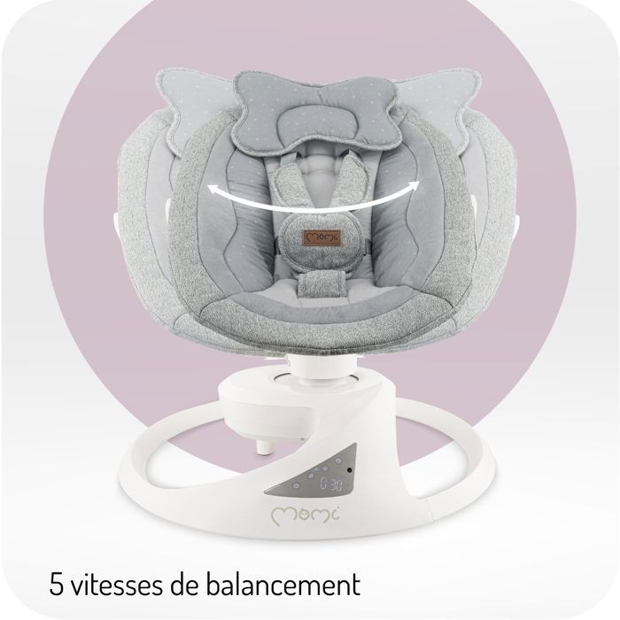 MoMi PEARL - Altalena elettrica per neonati a 360° - 5 velocità, 10 melodie, Bluetooth - Schienale regolabile - Barra giochi - Grigio