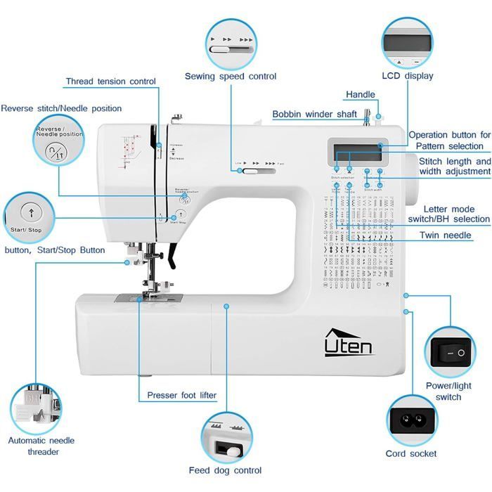 Uten 2685A Electronic Sewing Machine - 200 Stitches, 8 Buttonhole Types with Multifunction Display