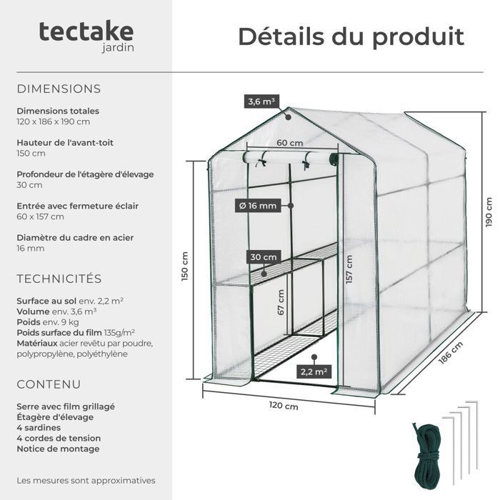 Invernadero de jardín - TECTAKE - ANDREA Invernadero exterior flexible con estructura de acero, capacidad de 3,6 m³, con 4 estantes, 186 x 120 x 190 cm - Blanco